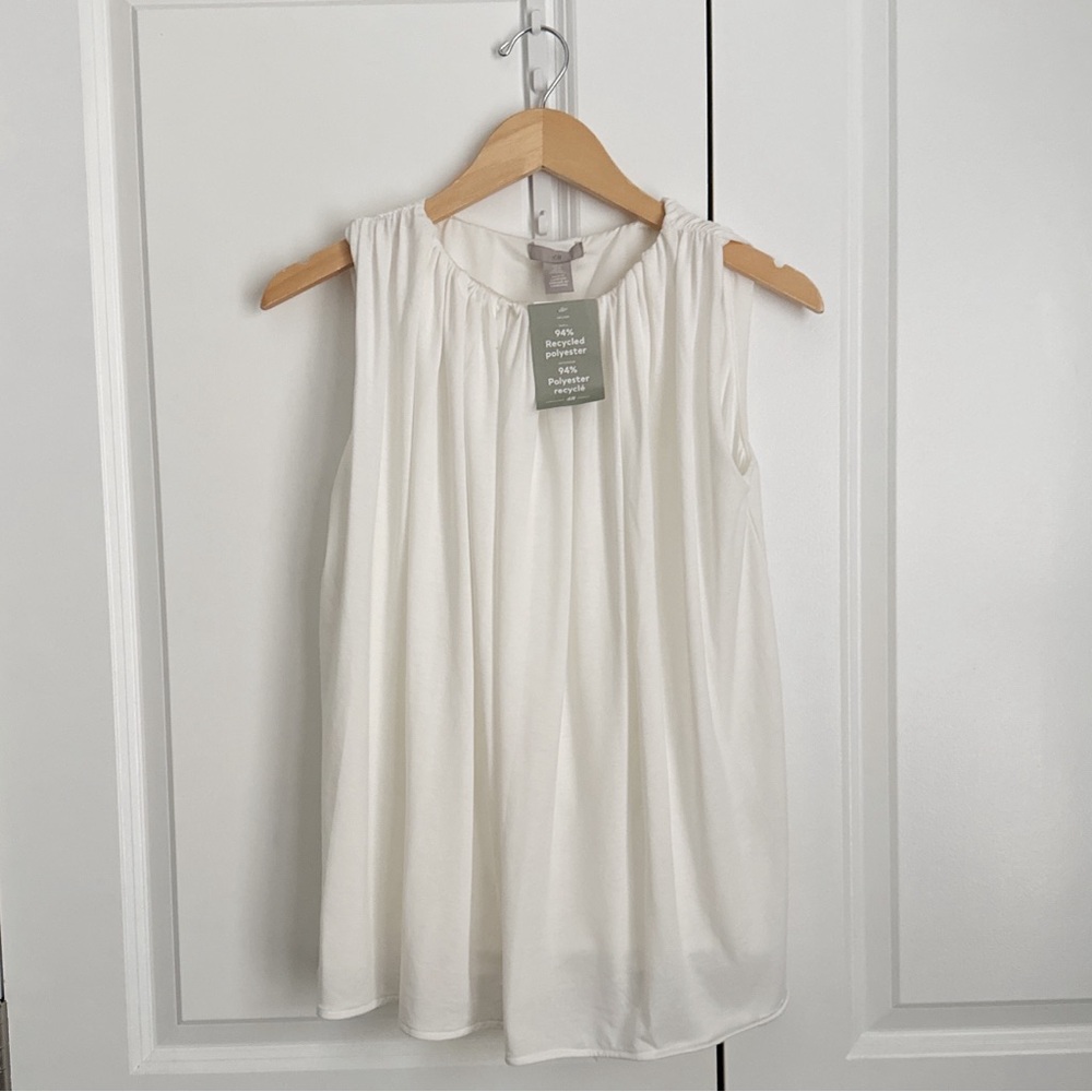 H&M White Gathered Neck Tank Top Blouse Camisole Shell Layering